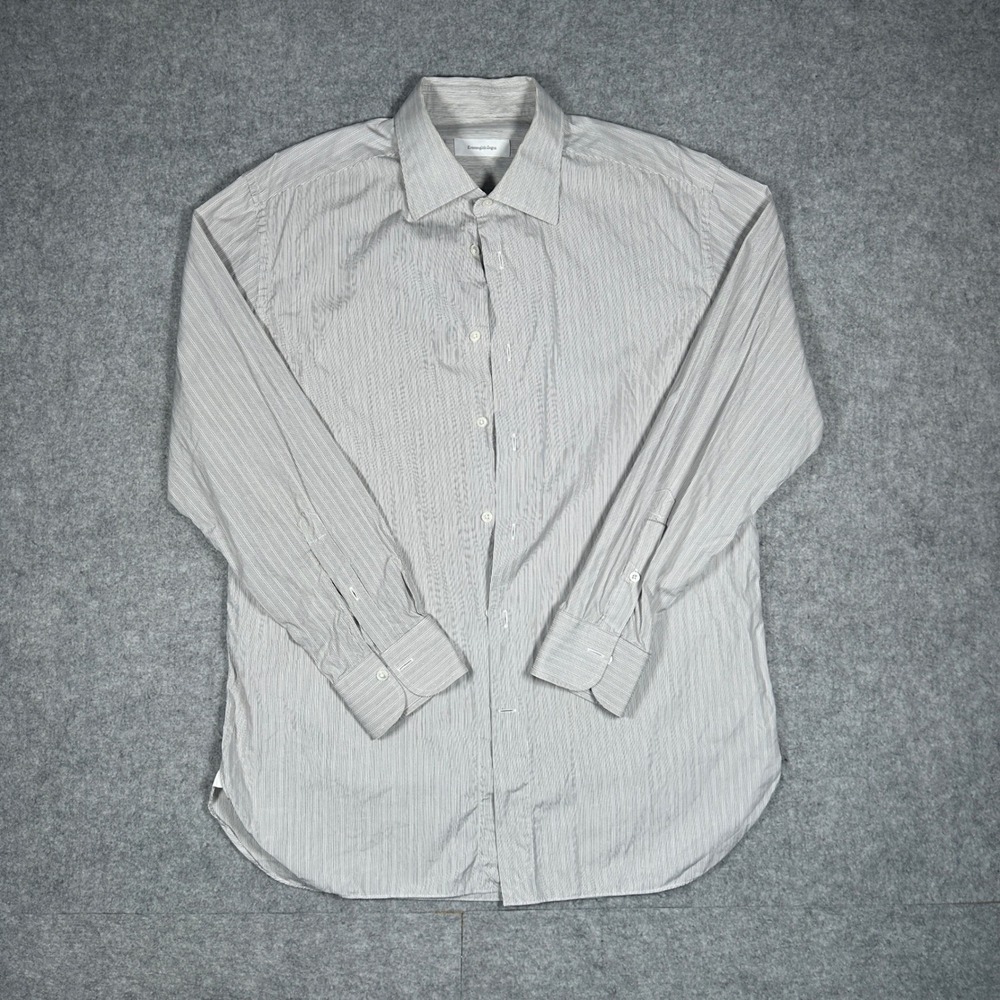 Ermenegildo Zegna button down Shirt Mens 16.5 Large Grey White Stripe Cotton